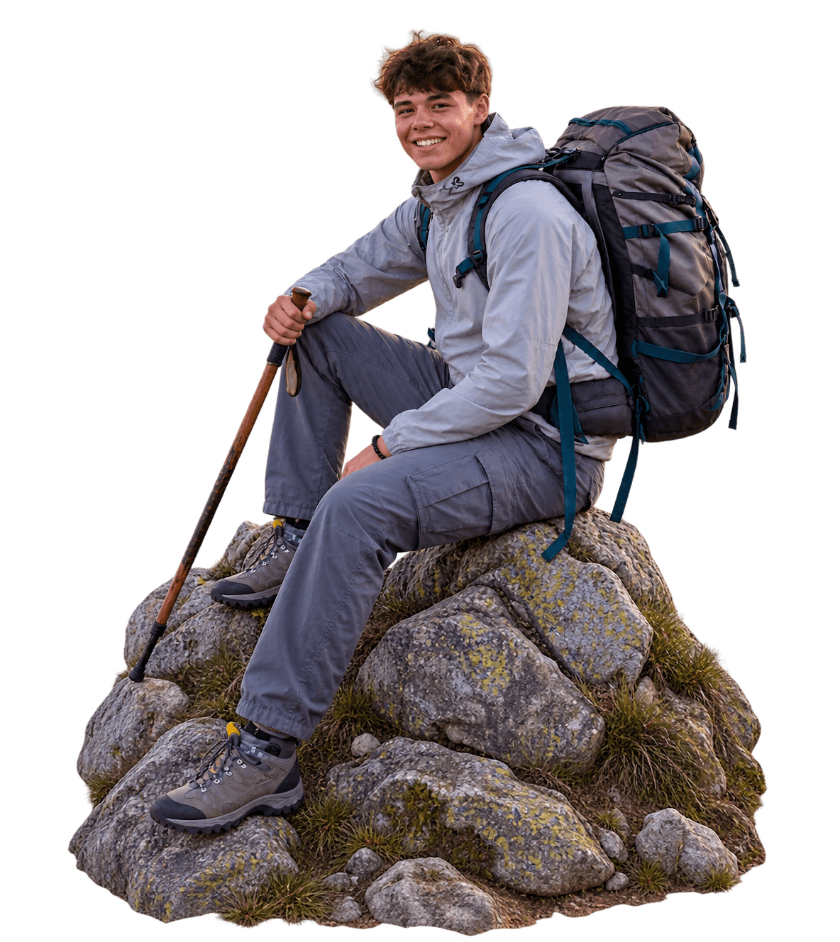 Junge Reisende mit Backpack auf Koffer